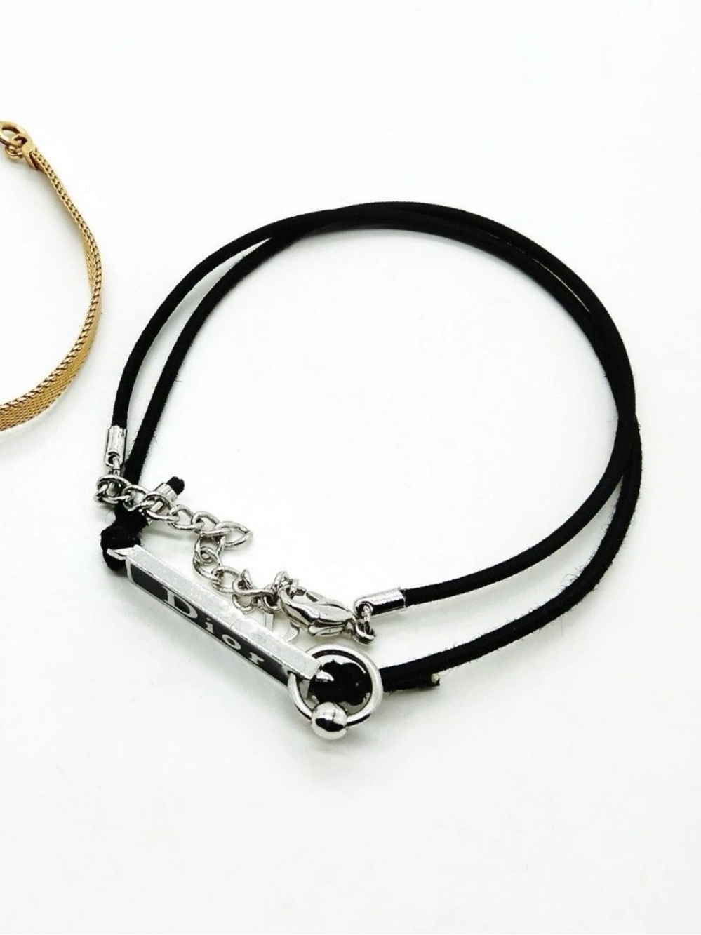 Vintage Christian Dior Silver Logo Tag Black String Double-Layered Wrap Bracelet